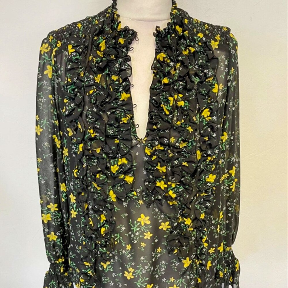 Zara Sheer Poet Sleeve Floral Blouse w/Frill Ruffle Front Sz L